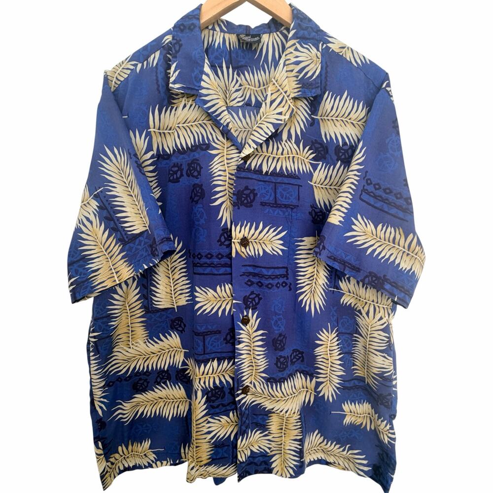 Royal Creations Blue Palm Leaf Hawaiian Aloha Shirt Men's XL